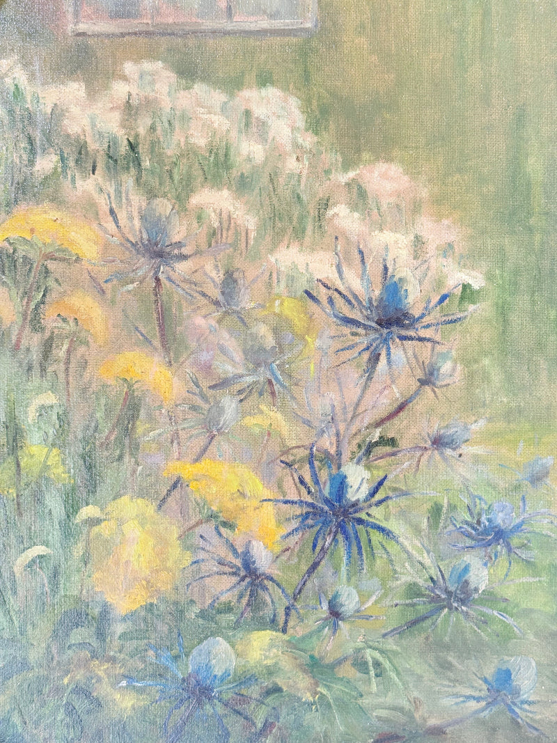 Framed floral oil painting on board by Muriel Hester Broughton, 1970, shown on a white surface with decorative carved frame