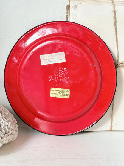 Vintage red bargeware enamel plate hand painted with canal roses and daisies