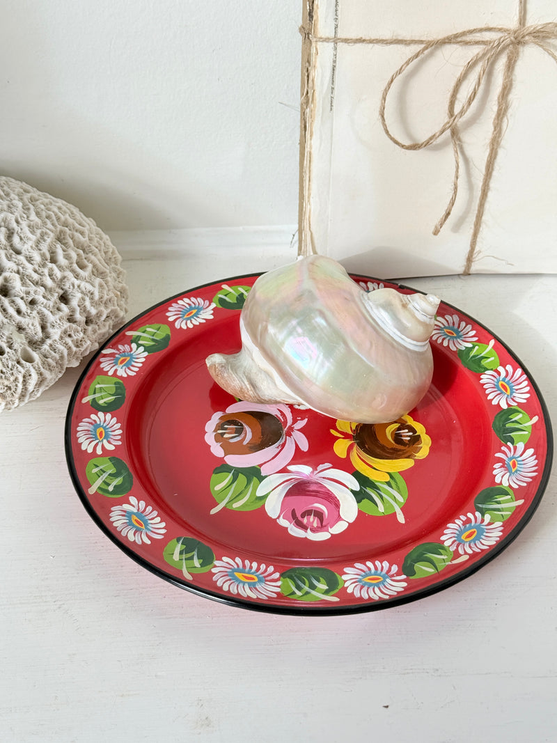 Hand painted daisy border on a red enamel plate with black rim