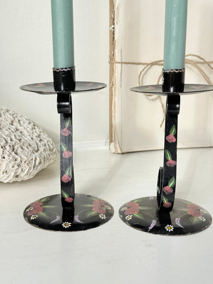 Vintage toleware candlestick drip tray painted with small pink roses
